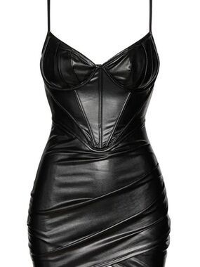 Sleek Faux Leather Mini Dress with Corset Bodice - Black
